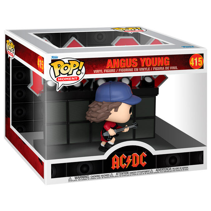 Vue de profil de la figurine POP Angus Young dans une pose dynamique de danse, collection officielle FUNKO