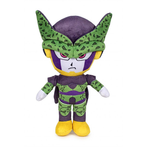 Peluche Dragon Ball Cell de 28 cm vue de face, détails précis et couleurs vives, marque PLAY BY PLAY