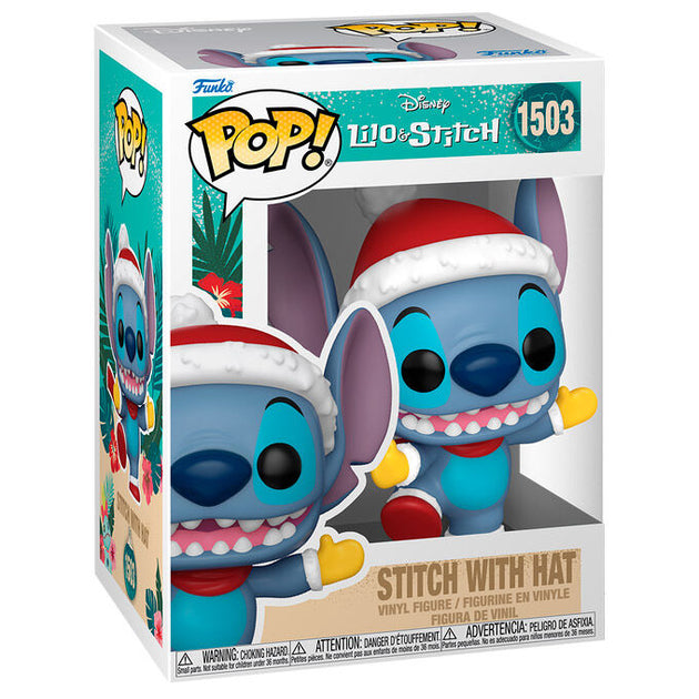 Figurine Funko POP Stitch Disney de 9 cm avec bonnet de Noël rouge et blanc, vue de face dans sa boîte cadeau.