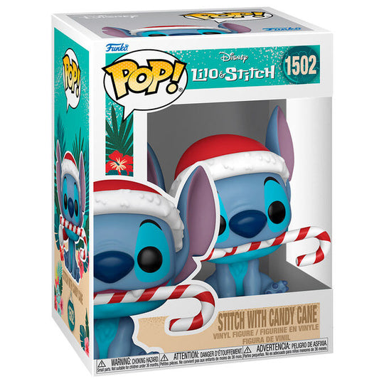 Figurine Funko POP Stitch Disney de 9 cm tenant une canne en sucre dans sa boîte cadeau