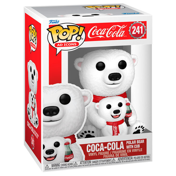 Figurine Funko POP en vinyle de l'ours polaire Coca-Cola avec son petit ourson, présentée dans sa boîte cadeau.