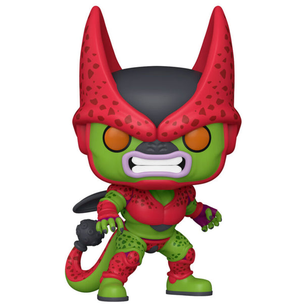 Vue rapprochée de la figurine Funko POP Cell Max montrant les détails de la peinture et la boîte collector