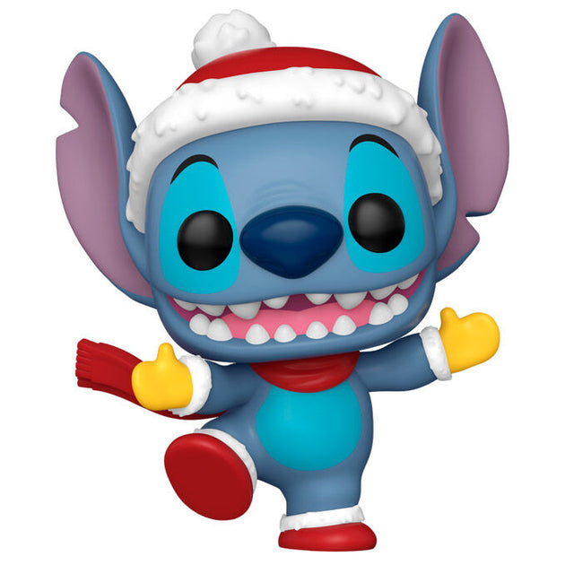 Vue rapprochée de la figurine Funko POP Stitch portant un bonnet de Noël, montrant les détails du vinyle et des couleurs vives.