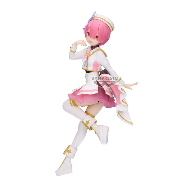 Figurine de Ram de Re:Zero en costume de scène, hauteur 22cm, réalisée par BANPRESTO, vue de face avec détails précis.
