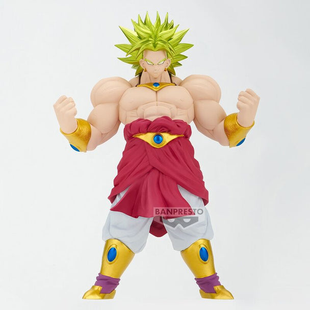 Profil latéral de la figurine Broly Super Saiyan montrant sa posture dynamique et ses muscles saillants