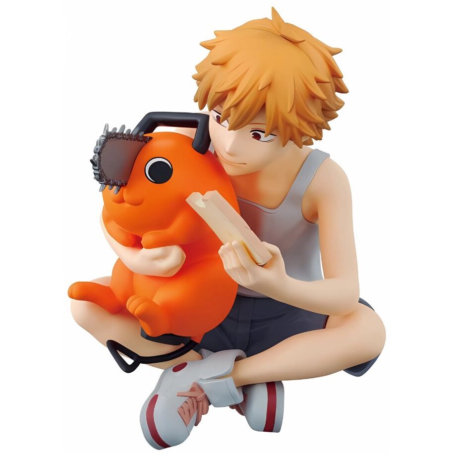 Figurine Denji tenant Pochita, démon tronçonneuse, sur base décorative