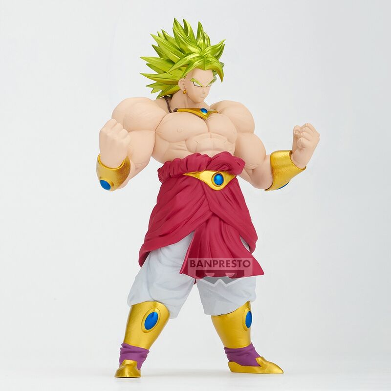 Zoom sur le visage expressif de la figurine Broly Super Saiyan avec ses cheveux verts caractéristiques