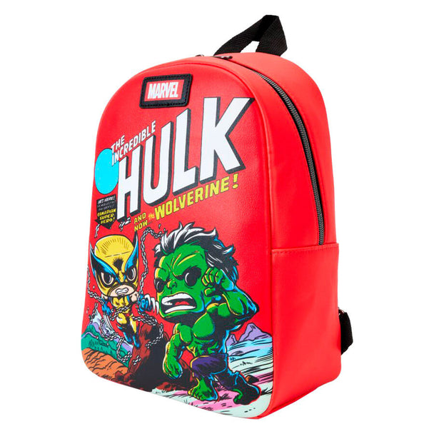 Sac à dos Loungefly Wolverine Marvel édition 50e anniversaire vu de face avec design coloré