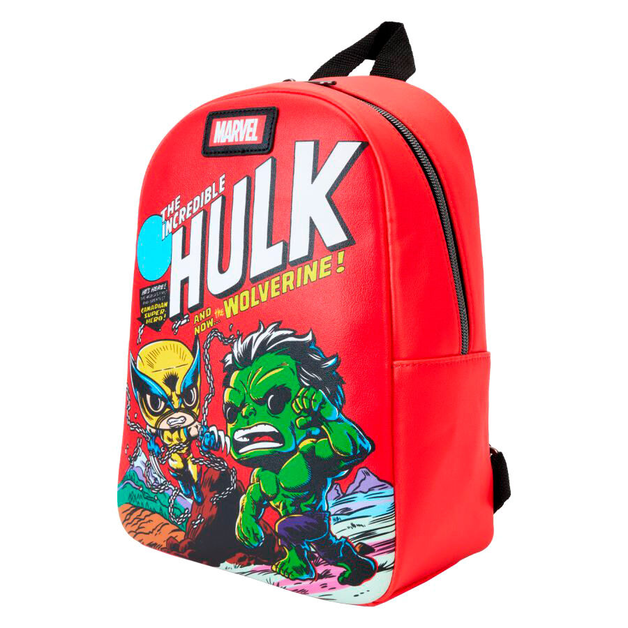 Sac à dos Loungefly Wolverine Marvel édition 50e anniversaire vu de face avec design coloré
