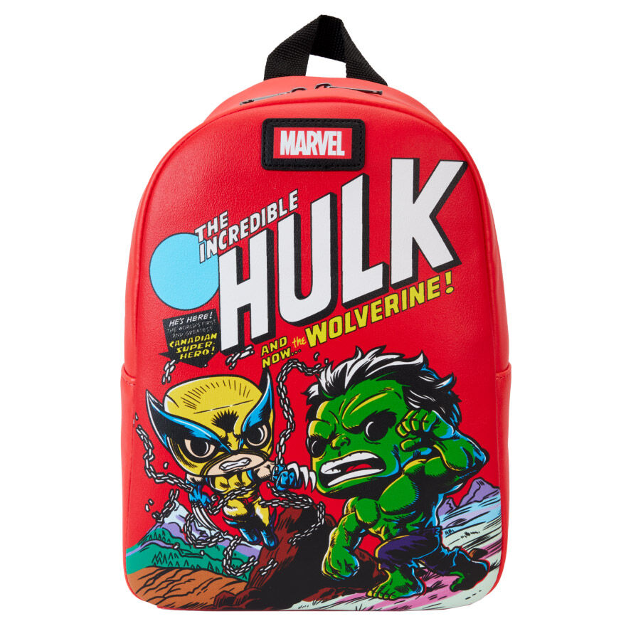 Détail du logo Marvel et des motifs Wolverine sur le sac à dos Loungefly édition anniversaire
