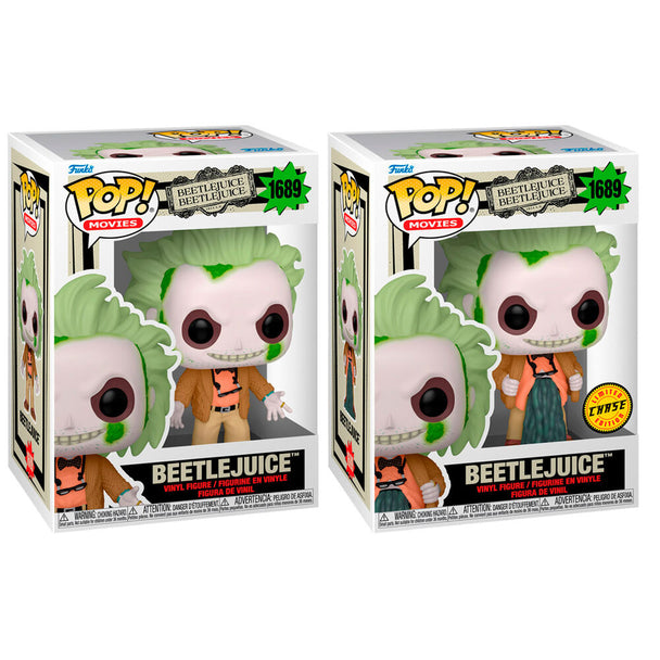Vue de face de la figurine Funko POP Beetlejuice 2 en vinyle dans sa boîte cadeau officielle