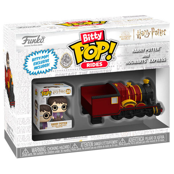 Figurine Funko Bitty POP de Harry Potter debout à côté du Poudlard Express avec détails colorés