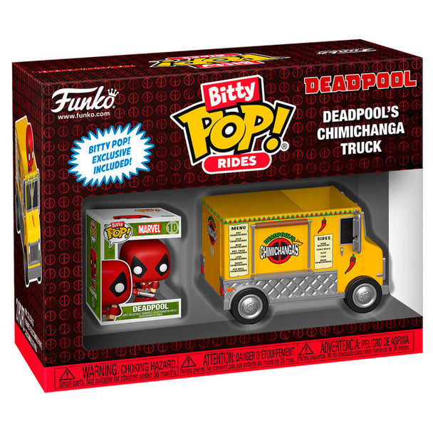 Figurine Funko Bitty POP Deadpool posée à côté du camion Chimichanga rouge vif avec détails Marvel