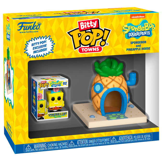 Figurine Funko Bitty POP Town de Bob Esponja montrant SpongeBob souriant dans sa maison jaune emblématique