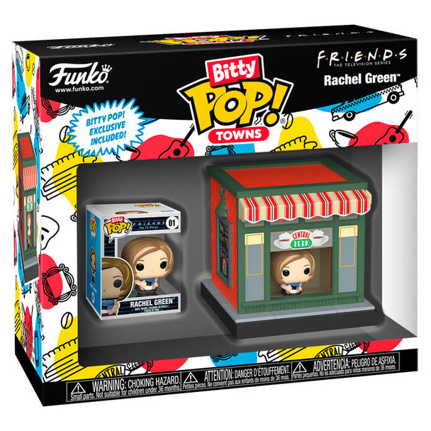 Figurine Funko Bitty POP de Rachel Green assise au comptoir de Central Perk avec son célèbre look des années 90