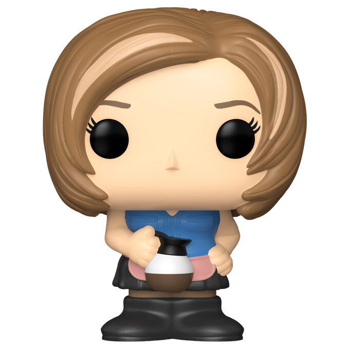 Figurine Rachel Green Bitty POP posée sur une étagère avec le décor Central Perk en arrière-plan