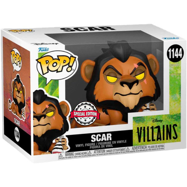 Figurine POP FUNKO exclusive représentant Scar, le vilain du Roi Lion, vue de face avec détails soignés