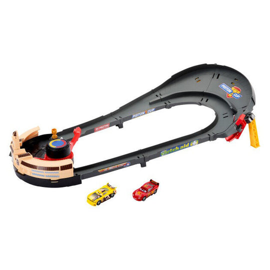 Circuit Nascar Disney Pixar Cars avec Lightning McQueen et Carstin Ace Dillon en pleine course sur piste de 76 cm