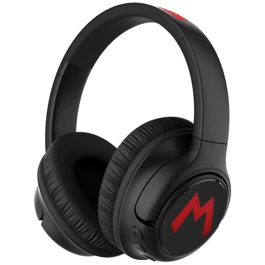 Casque sans fil Super Mario Bros avec LED allumé sur fond blanc montrant le design coloré et les oreillettes confortables