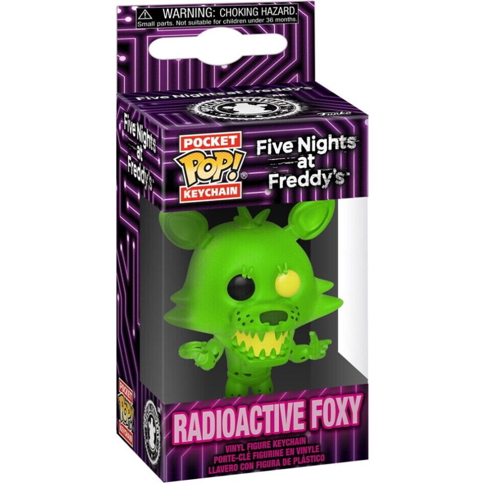 Vue latérale du porte-clés FUNKO Pocket POP Radioactive Foxy montrant la finesse des détails et la qualité de fabrication