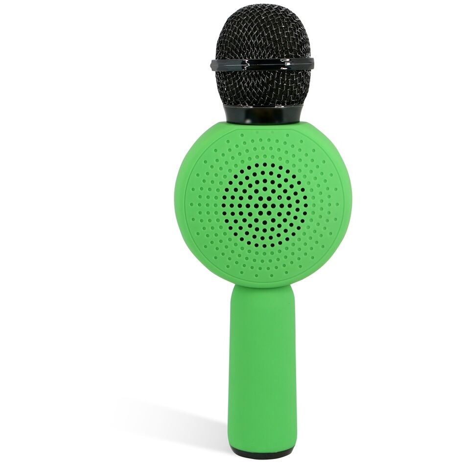 Microphone Bluetooth posé sur une table avec lumière LED bleue active