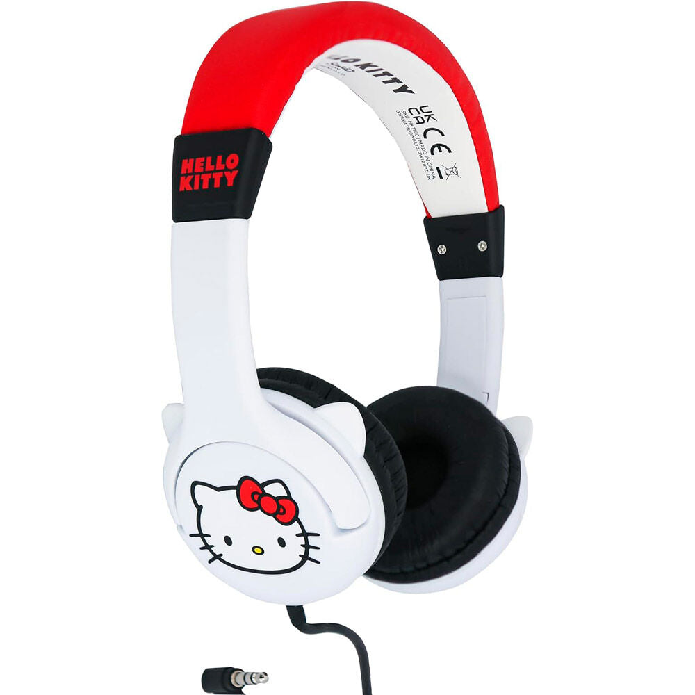 Détail du câble jack 3,5 mm et bouton de commande sur casque enfant Hello Kitty Bluetooth