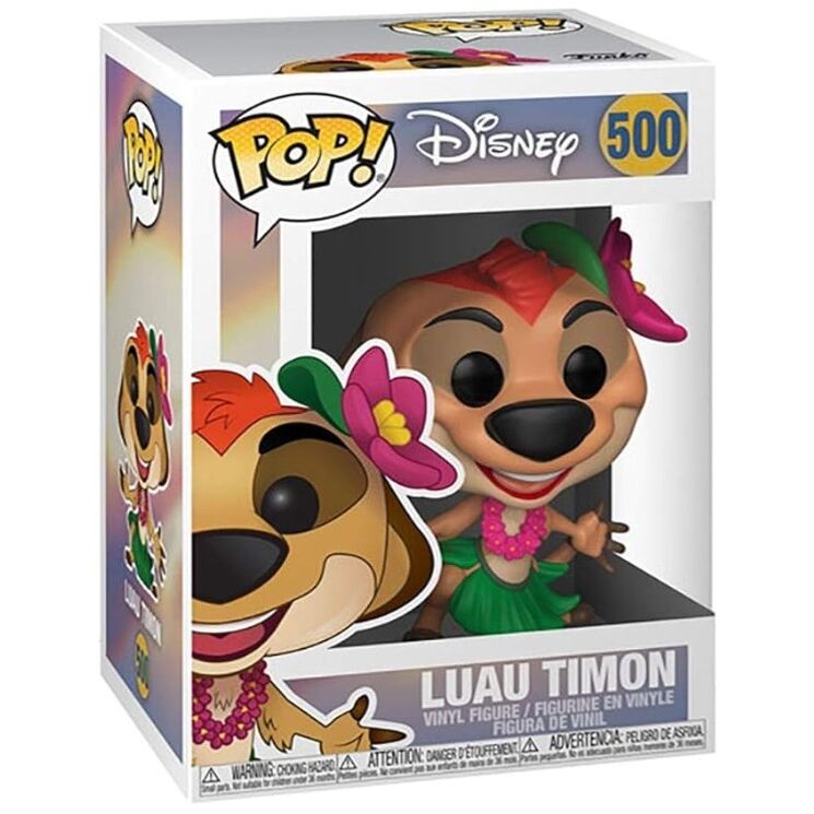 Détail de la figurine Funko POP Timon Luau montrant les couleurs vives et les accessoires traditionnels hawaïens