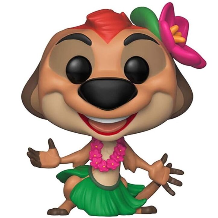 Vue latérale de la boîte cadeau Funko POP Le Roi Lion avec la figurine Timon en tenue Luau de 9 cm