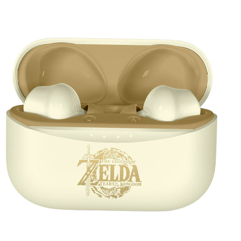 Gros plan sur les écouteurs TWS The Legend of Zelda avec logo et détails techniques visibles