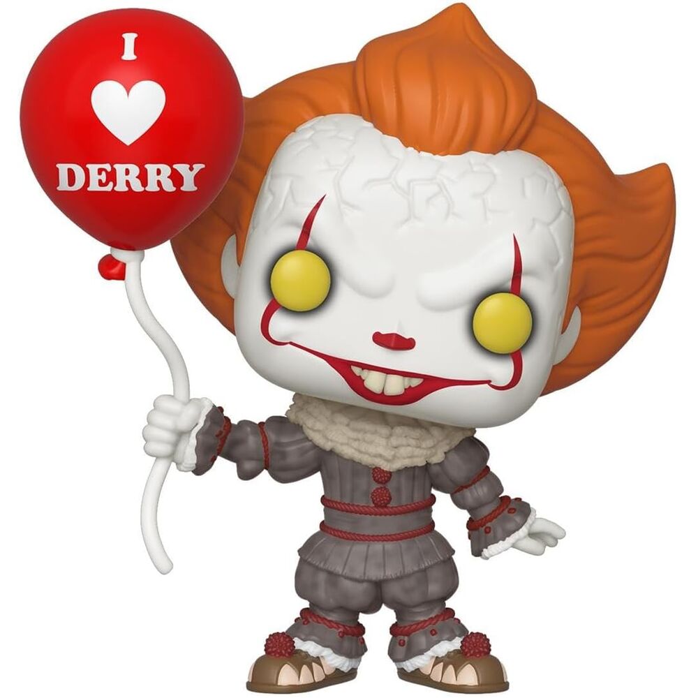 Figurine Funko POP en vinyle de Pennywise du film IT Chapitre 2 tenant un ballon rouge, vue avant dans sa boîte vitrine transparente.