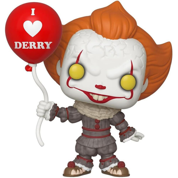 Figurine Funko POP en vinyle de Pennywise du film IT Chapitre 2 tenant un ballon rouge, vue avant dans sa boîte vitrine transparente.