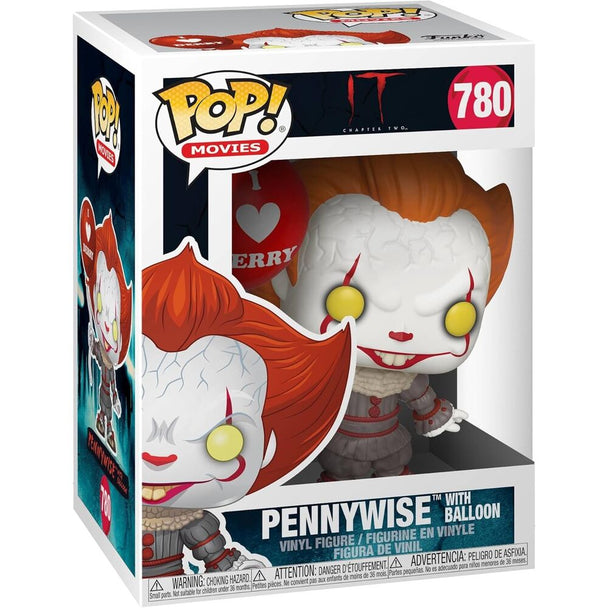Vue latérale de la figurine Funko POP Pennywise avec ballon rouge, détaillant son costume et expression terrifiante, dans sa boîte collector.