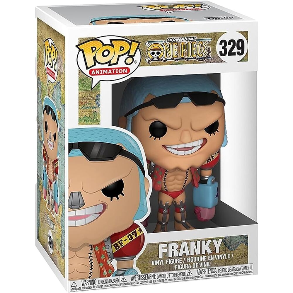 Détail de la tête et des bras mécaniques de la figurine Funko POP Franky, personnage de One Piece