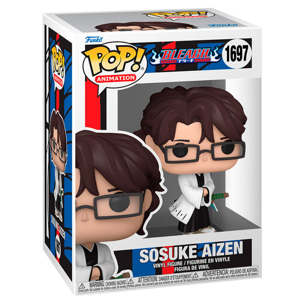 Vue rapprochée de la figurine Sosuke Aizen Funko POP avec détails précis et couleurs vives sur fond blanc