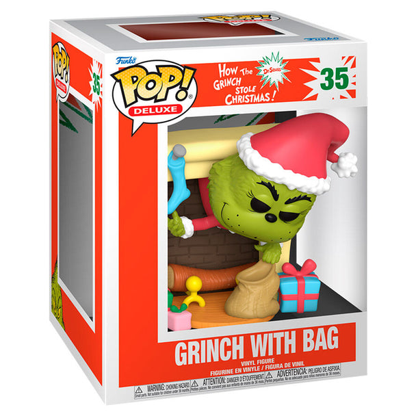 Figurine POP Deluxe The Grinch avec sac vert et expression malicieuse, vue de face sur fond blanc