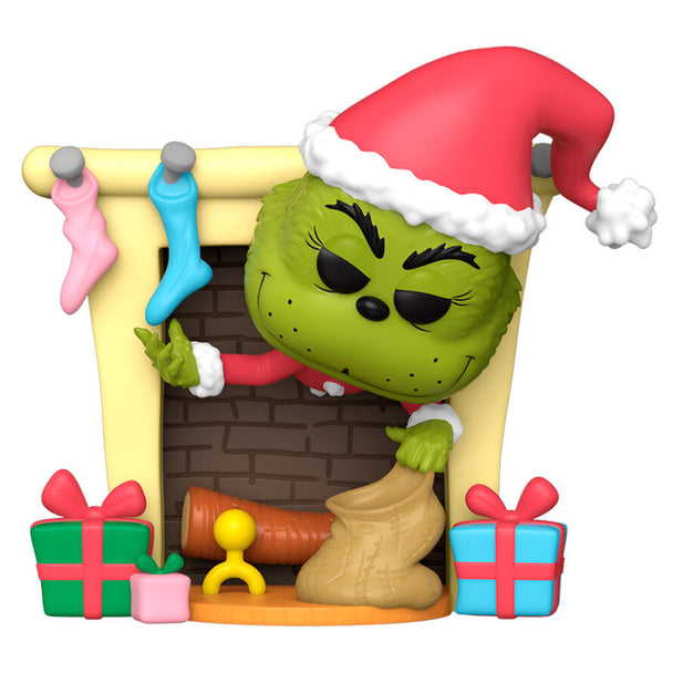 Vue latérale de la figurine POP Deluxe The Grinch avec sac, montrant les détails du sac rouge et la texture du personnage
