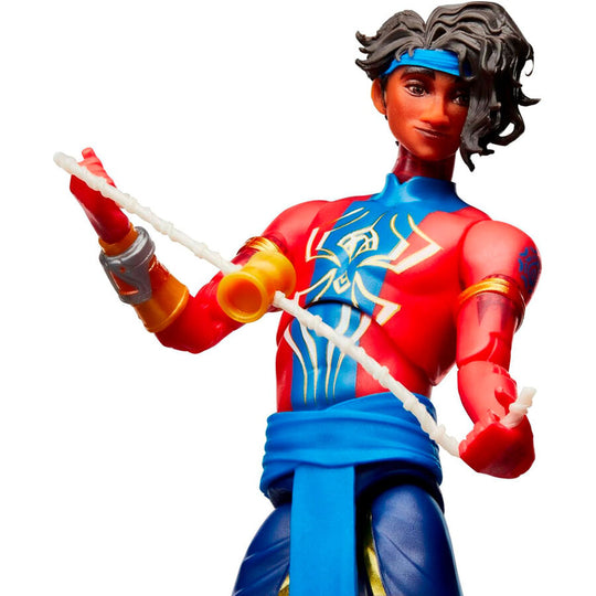 Vue latérale de la figurine Spider-Man Pavitr Prabhakar montrant les articulations mobiles