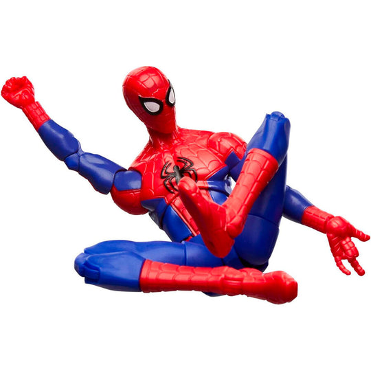 Figurine Spider-Man Peter Parker en pose dynamique sur fond blanc, 15cm