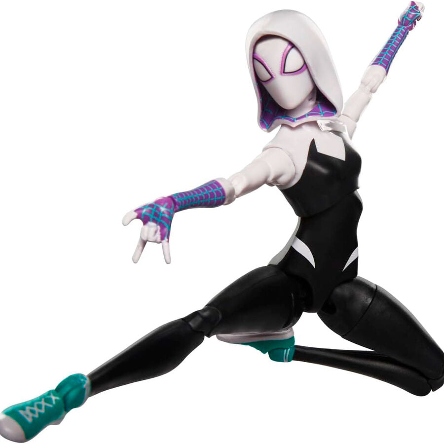Vue latérale de la figurine Spider-Gwen Marvel avec costume détaillé et capuche