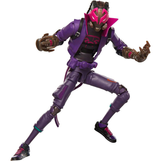 Angle latéral de la figurine articulée Spider-Man Miles Morales mettant en valeur la texture du costume