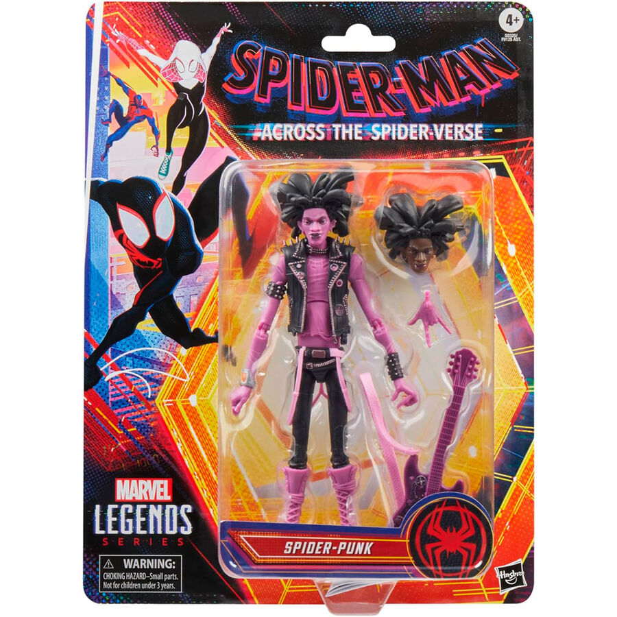Figurine Spider-Punk Marvel posée avec accessoires sur fond blanc