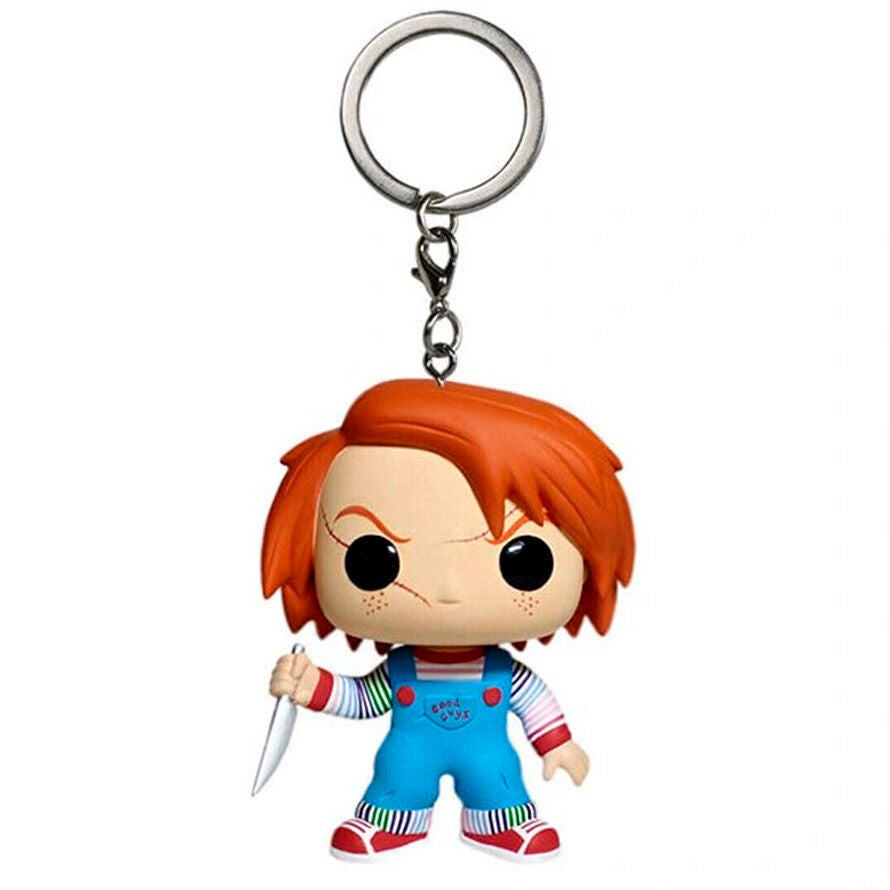 Vue rapprochée du porte-clés Chucky Pocket POP montrant la qualité du design et la chaîne métallique pour clés