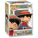 Figurine Funko POP Monkey D. Luffy en vinyle de 9 cm avec son chapeau de paille, vue de face dans sa boîte cadeau.