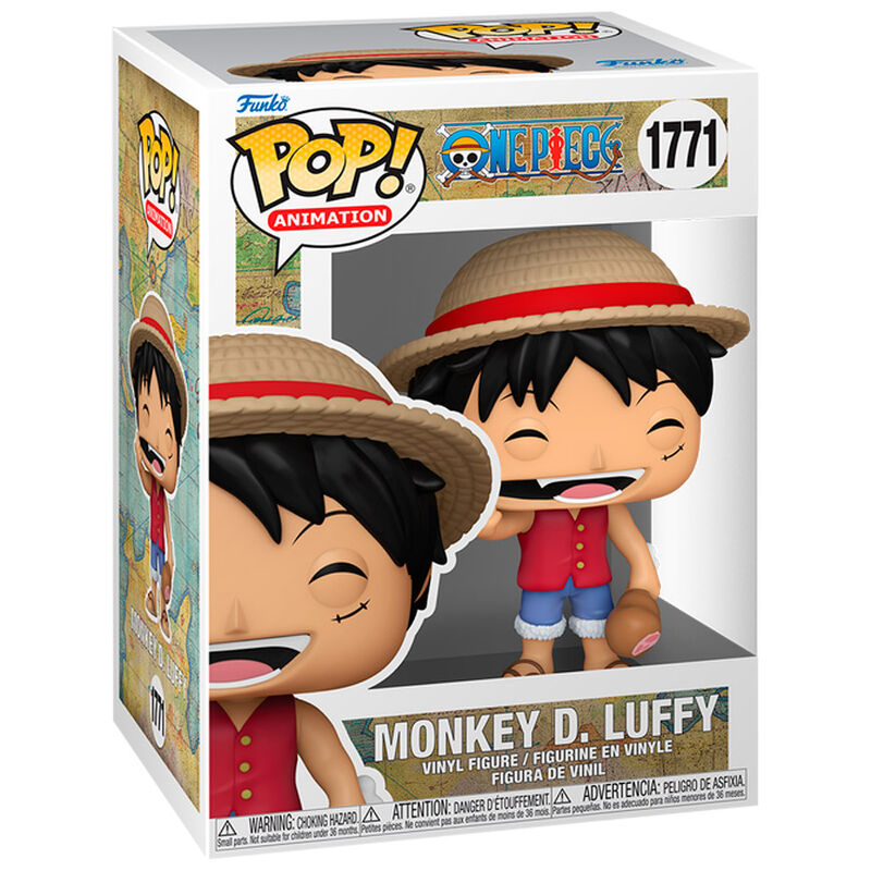 Figurine Funko POP Monkey D. Luffy en vinyle de 9 cm avec son chapeau de paille, vue de face dans sa boîte cadeau.