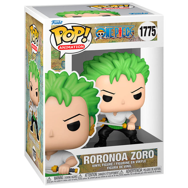 Figurine POP Roronoa Zoro de One Piece en vinyle de 9 cm avec épées, vue de face dans sa boîte cadeau FUNKO