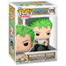 Figurine POP Roronoa Zoro de One Piece en vinyle de 9 cm avec épées, vue de face dans sa boîte cadeau FUNKO