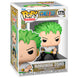 Figurine POP Roronoa Zoro de One Piece en vinyle de 9 cm avec épées, vue de face dans sa boîte cadeau FUNKO