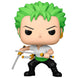 Vue de face de la figurine Funko POP Roronoa Zoro en position de combat avec trois épées