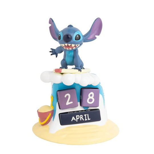 Vue de face du calendrier perpétuel Disney Stitch Surfer en résine peinte à la main, dimensions 12x15x12 cm