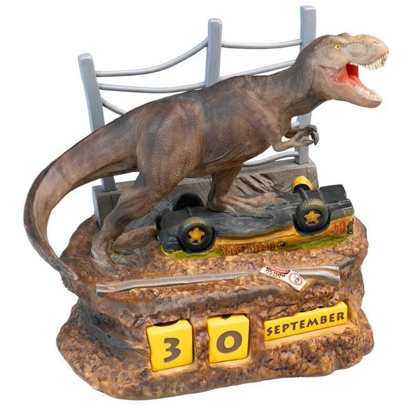Vue de face du calendrier perpétuel Jurassic Park 3D en résine peint à la main, dimensions 12,1x12,1x23cm